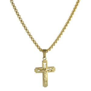 Stainless Steel Gold PVD Rolo Chain with Jesus Cross