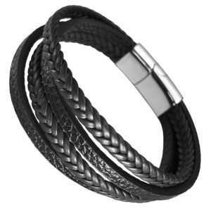 Black Double Layered Braided Leather Bracelet
