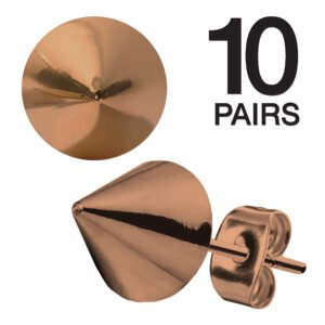 10 Pairs – PCK Stainless Steel Rose Gold Cone Stud Earrings - 8mm