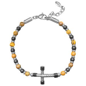 Tiger Eye & Black Natural Stone Bead Bracelet w/ Cross