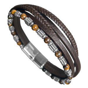 Brown Leather & Tiger Eye Bead Stainless Steel Bracelet
