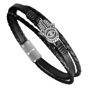 Stainless Steel Hamsa Hand & Leather Bracelet