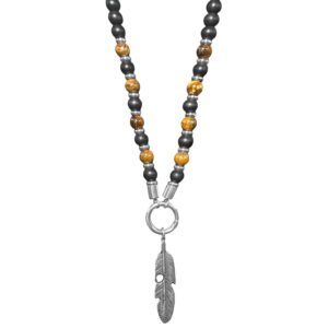 Stainless Steel Feather w/ Black & Tiger Eye Beaded Necklace