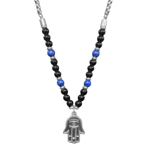Stainless Steel Hamsa & Black and Blue Beads w/ Chain Necklace