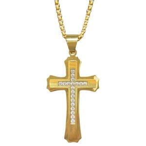 Stainless Steel Gold PVD Cross w/ CZ Stones Necklace