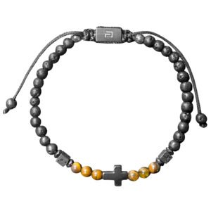 Fashion Lava Rocks & Tiger Eye Bead Bracelet w/ Cross