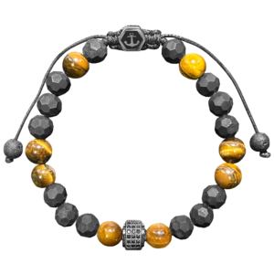 Tiger Eye & Black Beaded Bracelet w/ Anchor & CZ Beads