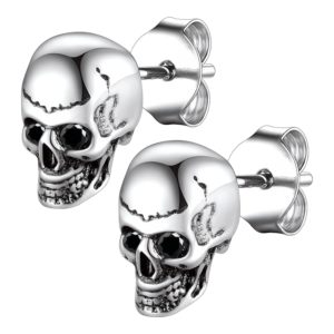 Stainless Steel Skull Head Earrings w/ Black CZ Eyes