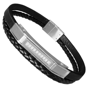 Double-Layered Leather & Stainless Steel w/ Cz Stones Bracelet