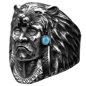 Stainless Steel Chief Ring w/ Bear Headpiece & Turquoise