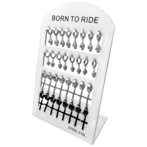 Stainless Steel Born To Ride Earrings Display w/ Skulls & Crosses