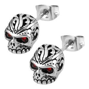 Stainless Steel Skull Head Earrings w/ Red CZ Eyes