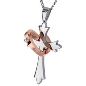 Stainless Steel Cross Pendant With Rose Gold PVD Heart
