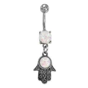 Stainless Steel Oxidized Dangle Hamsa with White Opal Stone Belly Ring