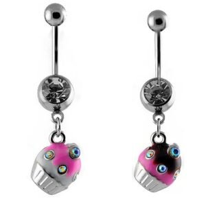 Stainless Steel Jeweled Belly Button Ring Steel with Dangling Cupcake Shape and CZ's