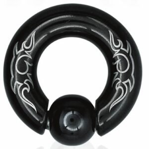 Surgical Steel Captive Ring Black PVD  w/ tribal design