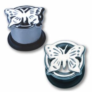 Surgical steel plug with carved butterfly design and Rubber O-Ring Stopper