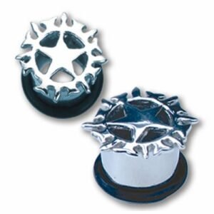 Surgical Steel Plug with Burning Star Design With Rubber O-Ring Stoppers