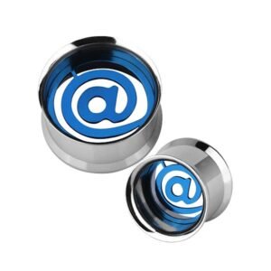 Surgical Steel Double Flared Plug with Blue PVD @ Symbol