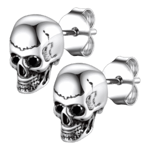 Stainless Steel Skull Head Earrings w/ Black CZ Eyes