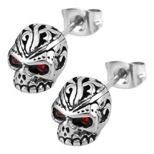 Stainless Steel Skull Head Earrings w/ Red CZ Eyes