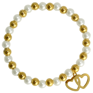 Stainless Steel White & Gold Beaded Bracelet with Double Hearts