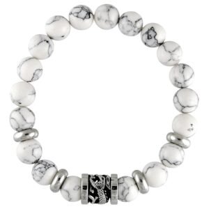 Stretch St. Steel Bracelet w/ Howlite Stone Beads and Dragon Barrel Charm