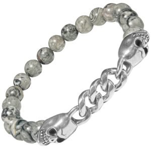 Stretch St. Steel Bracelet w/ Grey Marble Bead & Skull Accent