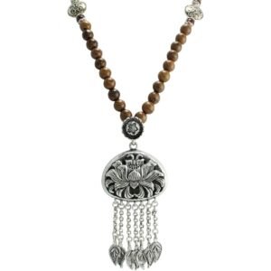 Wood Bead with Stainless Steel Lotus Necklace