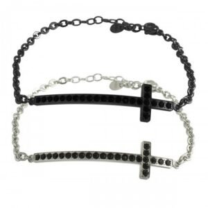 Stainless Steel Rolo Bracelet with Steel/Black Jeweled Cross