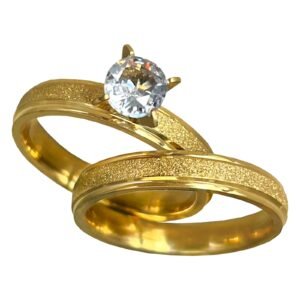 Prong Setting Stainless Steel Gold Engagement Ring Set