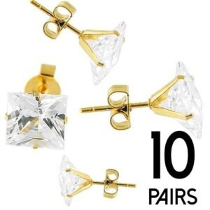 10 Pairs - PCK Stainless Steel GOLD PVD Stud Earrings with Clear Square CZ Stone