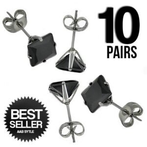 10 PAIRS PCK of Stainless Steel Black Square Ear Stud