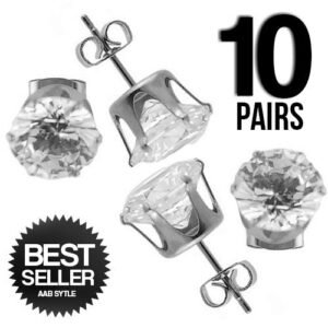 10 PAIRS PCK Stainless Steel Round CZ Ear Studs