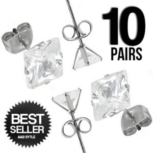 10 PAIRS PCK Stainless Steel Square CZ Ear Studs