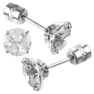 Stainless Steel Round CZ Stud Earrings w/ Fancy Backing