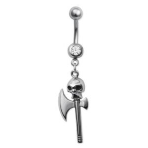 Single Stone Belly Ring With Skull and Axe Dangle - Grade 316L