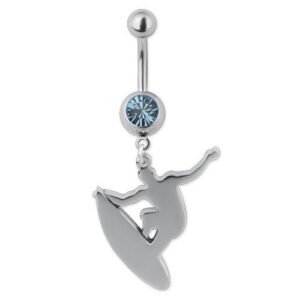 Surgical Steel Single Stone Belly Ring With Dangle Surfer On Surf Board - Grade 316L