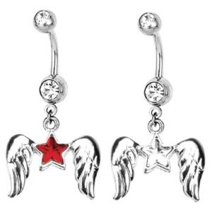 Surgical Steel CZ Belly Ring With Dangle CZ Star Angel Wings