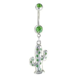 Surgical Steel Green CZ Belly Ring with Dangle Cactus