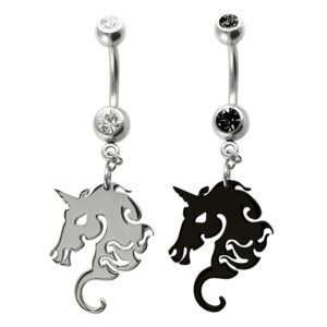 Stainless Steel Double Jeweled Navel Ring With Dangling Unicorn Charm