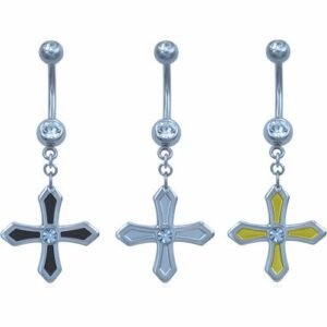 Dangling Surgical Steel Iron Cross Belly Ring With Small CZ in The Center