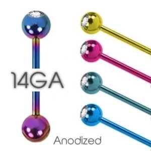 12pcs PCK - 14GA Anodized Surgical Steel Straight Barbell w/ Stone