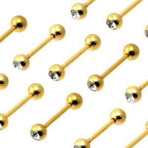 12pcs PCK - 14GA Anodized Gold Surgical Steel Straight Barbell w/ Stone