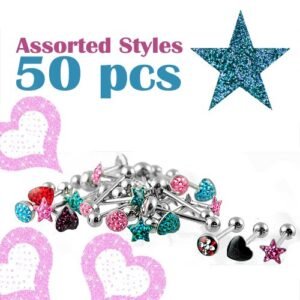 50pcs PCK - Surgical Steel Barbell Pack With CZ Encrusted Stars, Hearts And Dome Shaped Pieces