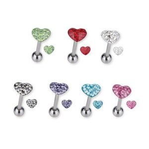 Surgical Steel Tragus/ Helix Barbell With Foiled CZ Stones -- Heart Design