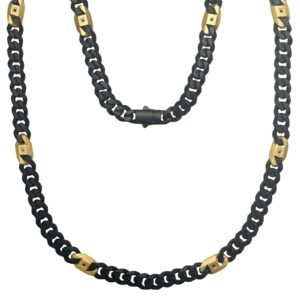 Matte Black & Gold Stainless Steel Chain Necklace w/ Cz Stones