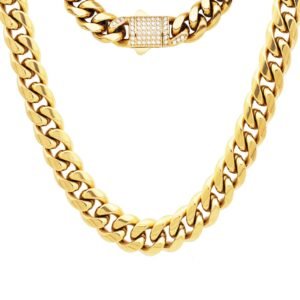 Stainless Steel Gold Pvd Cuban Necklace w/ Cz CNC Setting Buckle Clasp