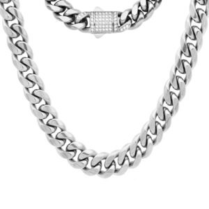 Stainless Steel Cuban Necklace w/ Cz CNC Setting Buckle Clasp