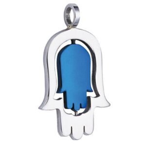 Stainless Steel Hamsa With Blue PVD Spinning Center - Judaica Collection